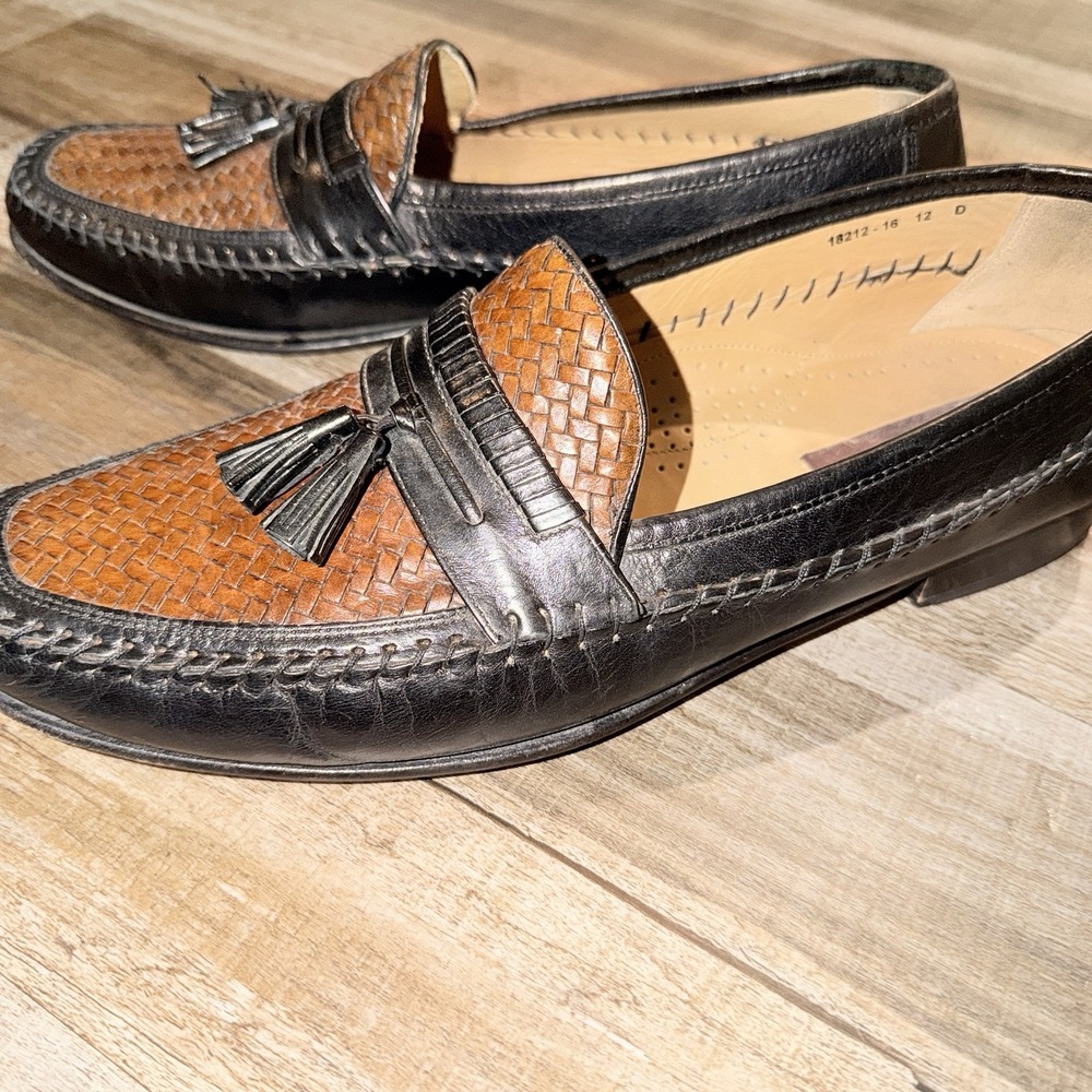 Florsheim Woven Leather Tassel Loafers Mens 12 D Black Brown Dress Shoes Moc Toe